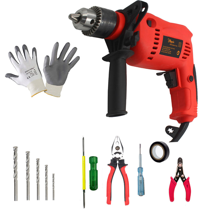 Hillgrove HGCM1085M3 700W Drill Machine with 5Pcs Hand Tool Kit, 5Pcs Masnory Drill Bits for Making Holes in Metal/Wood/Concrete with Reverse Rotation and Variable Speed Pistol Grip Drill (13 mm Chuck Size)