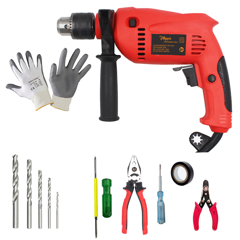 Hillgrove HGCM1086M3 700W Drill Machine with 5Pcs Hand Tool Kit, 5Pcs HSS Drill Bits for Making Holes in Metal/Wood/Concrete with Reverse Rotation and Variable Speed Pistol Grip Drill (13 mm Chuck Size)