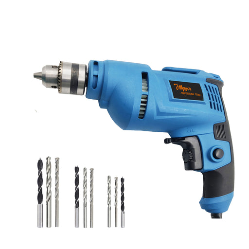 Hillgrove HGCM1087M1 500W Power Drill Machine with 9Pcs All Type Drill Bits for Making Holes in Metal/Wood/Concrete with Reverse Rotation and Variable Speed Pistol Grip Drill (10 mm Chuck Size)