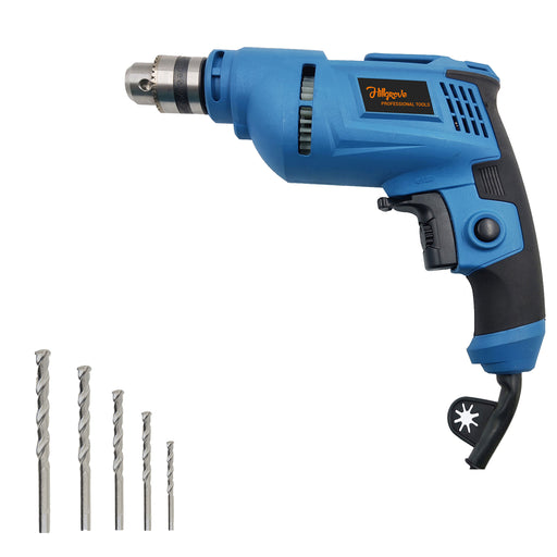 Hillgrove HGCM1088M1 All Purpose 500W Drill Machine with 5Pcs Masnory Drill Bits for Making Holes in Metal/Wood/Concrete with Reverse Rotaion and Variable Speed Pistol Grip Drill (10 mm Chuck Size)