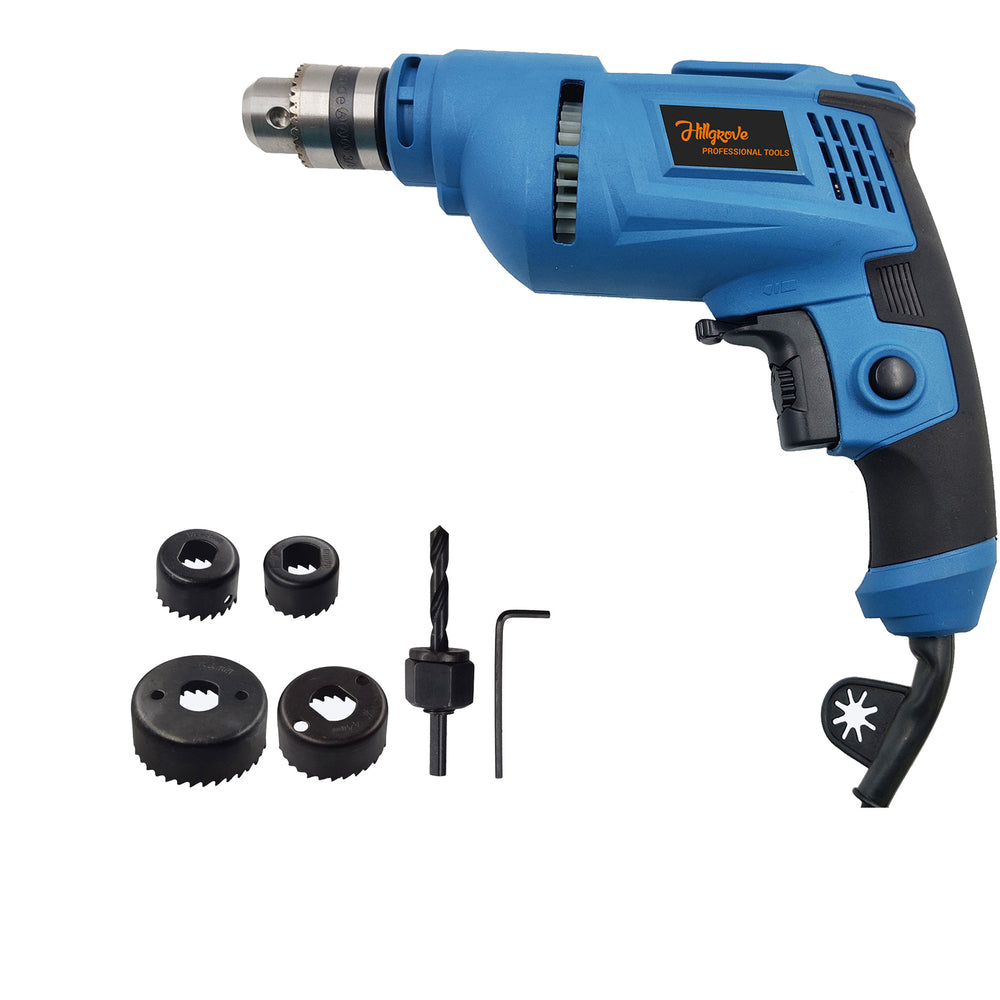 Hillgrove HGCM1091M3 500W Power Drill Machine with 6Pcs Wood Working Hole Saw Drill Bits for Making Holes in Metal/Wood/Concrete with Reverse Rotation and Variable Speed Pistol Grip Drill (10 mm Chuck Size)