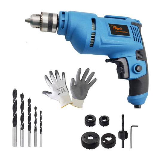Hillgrove HGCM1099M3 500W Power Drill Machine with 5Pcs Wood Bits and 6Pcs Hole Saw Drill Bits for Making Holes in Metal/Wood/Concrete with Reverse Rotation and Variable Speed Pistol Grip Drill (10 mm Chuck Size)
