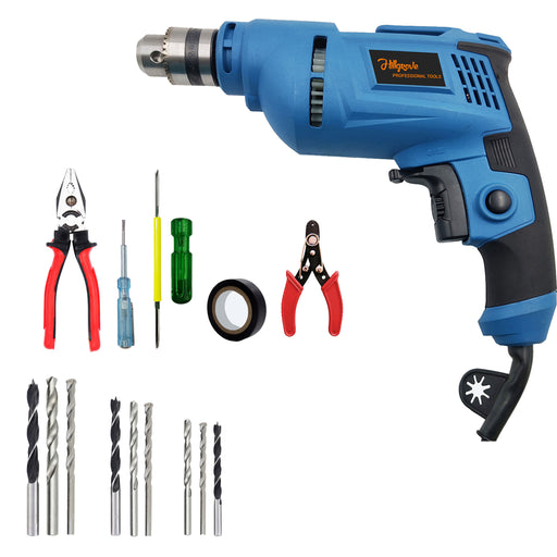 Hillgrove HGCM1101M3 500W Drill Machine with 5Pcs Hand Tool Kit, 9Pcs Drill Bit Set for Making Holes in Metal/Wood/Concrete with Reverse Rotation and Variable Speed Pistol Grip Drill (10 mm Chuck Size)