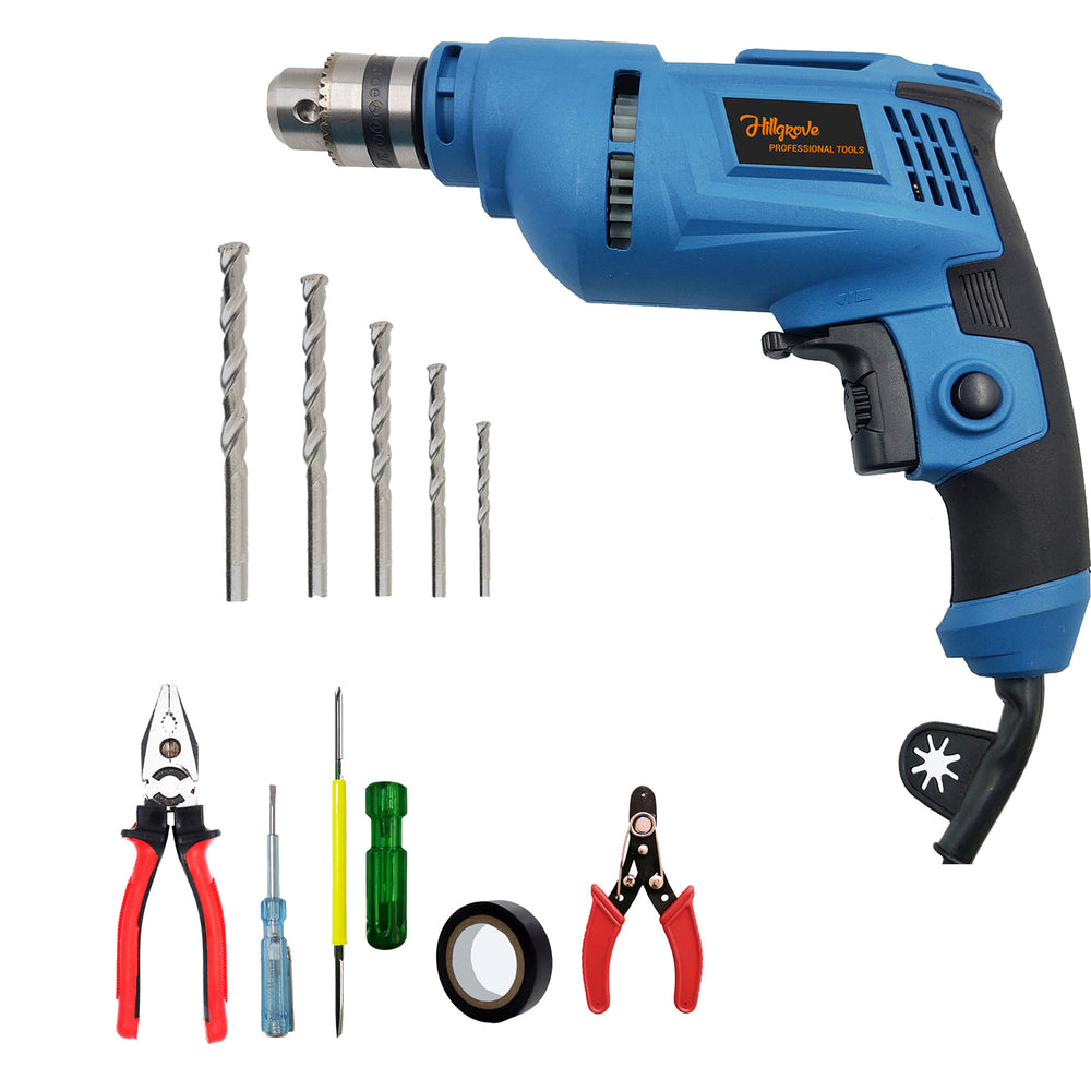 Hillgrove HGCM1102M3 500W Drill Machine with 5Pcs Hand Tool Kit, 5Pcs Masnory Drill Bits for Making Holes in Metal/Wood/Concrete with Reverse Rotation and Variable Speed Pistol Grip Drill (10 mm Chuck Size)
