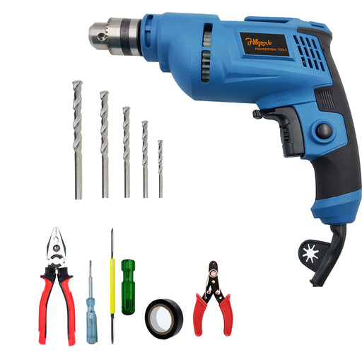 Hillgrove HGCM1102M3 500W Drill Machine with 5Pcs Hand Tool Kit, 5Pcs Masnory Drill Bits for Making Holes in Metal/Wood/Concrete with Reverse Rotation and Variable Speed Pistol Grip Drill (10 mm Chuck Size)