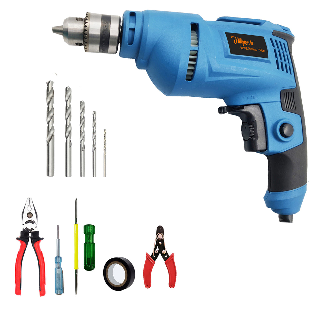 Hillgrove HGCM1103M3 500W Drill Machine with 5Pcs Hand Tool Kit, 5Pcs HSS Drill Bits for Making Holes in Metal/Wood/Concrete with Reverse Rotation and Variable Speed Pistol Grip Drill (10 mm Chuck Size)