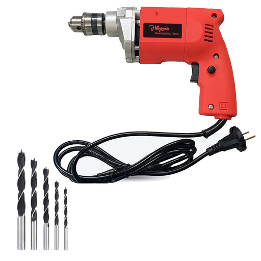 Hillgrove HGCM1104M1 500W Power Drill Machine with 5Pcs Wood Drill Bits for Making Holes in Metal/Wood/Concrete Pistol Grip Drill (10 mm Chuck Size)