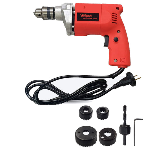 Hillgrove HGCM1105M3 500W Power Drill Machine with 6Pcs Wood Working Hole Saw Drill Bits for Making Holes in Metal/Wood/Concrete Pistol Grip Drill (10 mm Chuck Size)