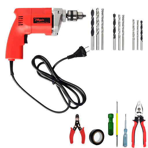 Hillgrove HGCM1115M2 500W Drill Machine with 5Pcs Hand Tool Kit, 9Pcs Drill Bit Set for Making Holes in Metal/Wood/Concrete Pistol Grip Drill (10 mm Chuck Size)