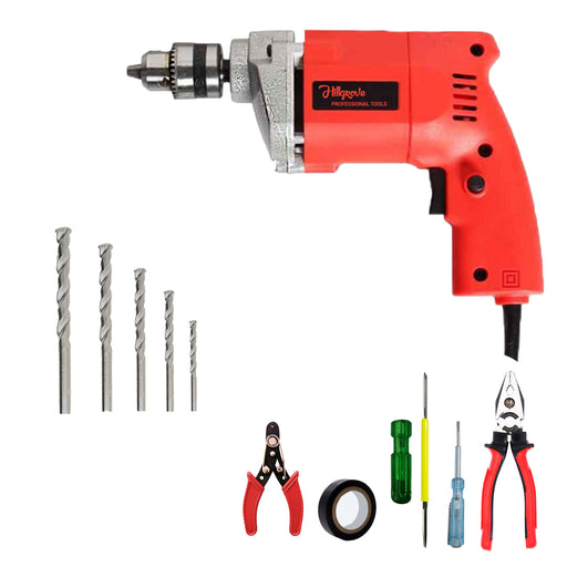 Hillgrove HGCM1116M3 500W Drill Machine with 5Pcs Hand Tool Kit, 5Pcs Masnory Drill Bits for Making Holes in Metal/Wood/Concrete Pistol Grip Drill (10 mm Chuck Size)