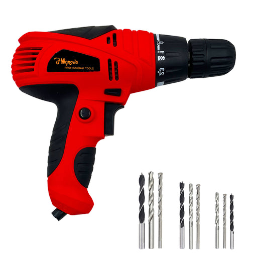 Hillgrove HGCM1183M2 400W Screwdriver Electric Power Drill Machine with 9Pcs All Type Drill Bits for Making Holes in Metal/Wood/Concrete with Reverse Rotation and Variable Speed Pistol Grip Drill (10 mm Chuck Size)
