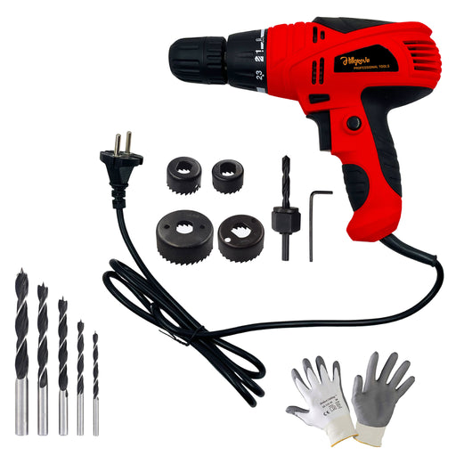 Hillgrove HGCM1193M3 400W Power Drill Machine with 5Pcs Wood Bits and 6Pcs Hole Saw Drill Bits for Making Holes in Metal/Wood/Concrete with Reverse Rotation and Variable Speed Pistol Grip Drill (10 mm Chuck Size)
