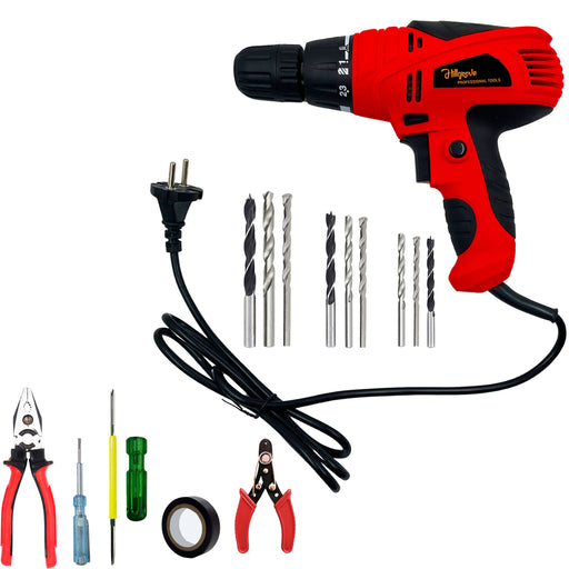 Hillgrove HGCM1195M3 400W Drill Machine with 5Pcs Hand Tool Kit, 9Pcs Drill Bit Set for Making Holes in Metal/Wood/Concrete with Reverse Rotation and Variable Speed Pistol Grip Drill (10 mm Chuck Size)