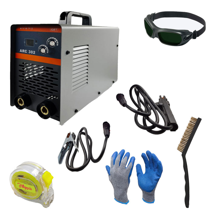 Hillgrove HGCM1206M1 302Amp Arc Force Control, AC, Anti Stick, Hot Start Function With Metal Brush and Safety Googles, Safety Gloves Digital Display IGBT Based VRD Technology MMA Inverter Welding Kit Machine