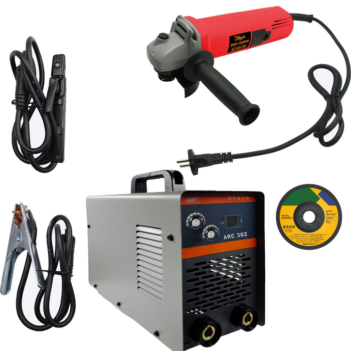 Hillgrove HGCM1208M1 302Amp Arc Force Control, AC, Anti Stick, Hot Start Function With 100MM Wheel Diameter Angle Grinder Digital Display IGBT Based VRD Technology MMA Inverter Welding Kit Machine