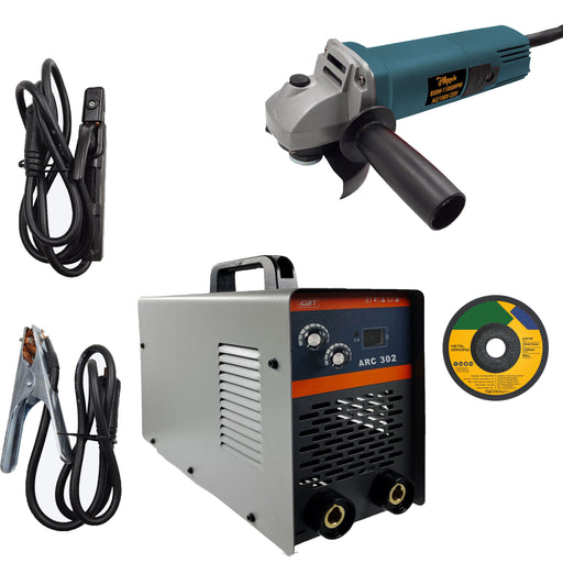 Hillgrove HGCM1209M3 302Amp Arc Force Control, AC, Anti Stick, Hot Start Function With 100MM Wheel Diameter Angle Grinder Digital Display IGBT Based VRD Technology MMA Inverter Welding Kit Machine