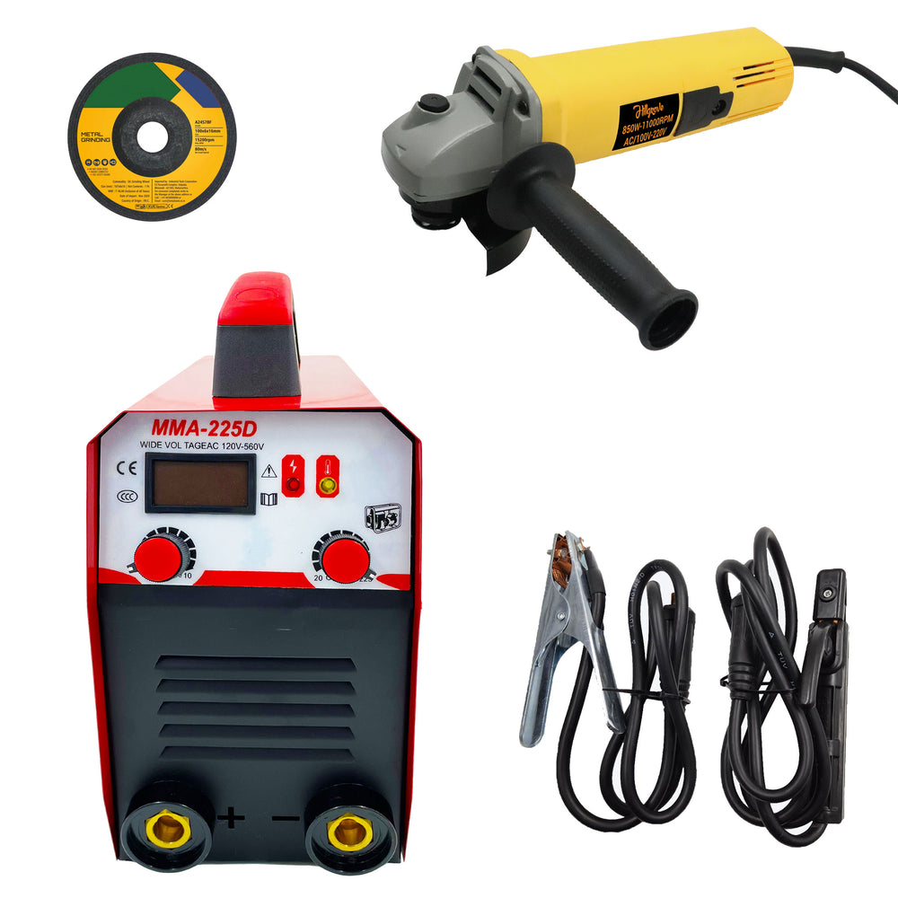 Hillgrove HGCM1213M3 225Amp Arc Force Control, AC, Anti Stick, Hot Start Function With 100MM Wheel Diameter Angle Grinder Digital Display IGBT Based VRD Technology MMA Inverter Welding Kit Machine