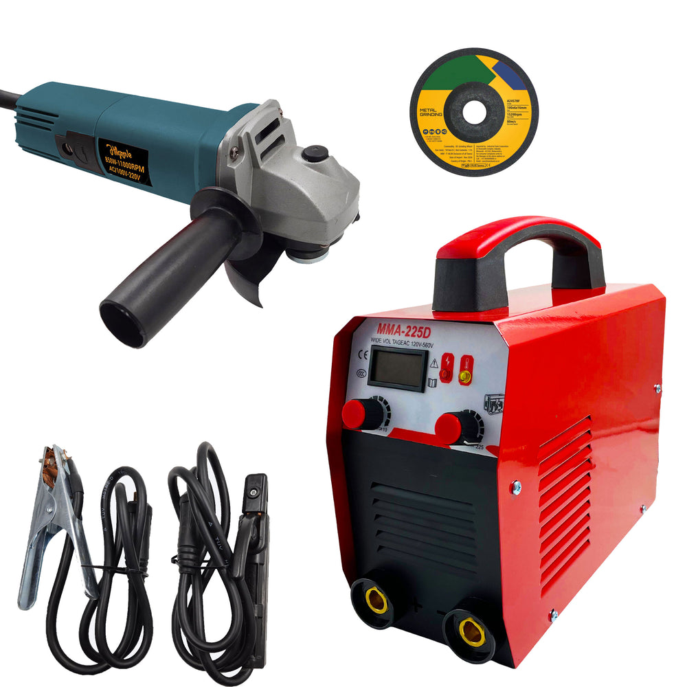 Hillgrove HGCM1215M1 225Amp Arc Force Control, AC, Anti Stick, Hot Start Function With 100MM Wheel Diameter Angle Grinder Digital Display IGBT Based VRD Technology MMA Inverter Welding Kit Machine