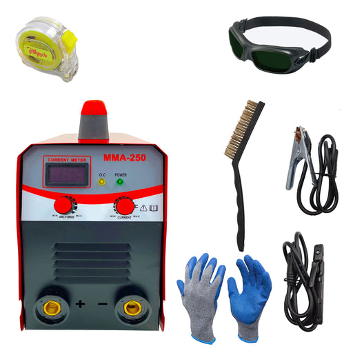 Hillgrove HGCM1218M3 250Amp Arc Force Control, AC, Anti Stick, Hot Start Function With Metal Brush and Safety Googles, Safety Gloves Digital Display IGBT Based VRD Technology MMA Inverter Welding Kit Machine