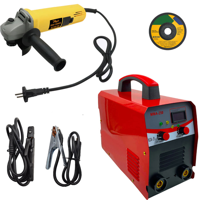 Hillgrove HGCM1219M2 250Amp Arc Force Control, AC, Anti Stick, Hot Start Function With 100MM Wheel Diameter Angle Grinder Digital Display IGBT Based VRD Technology MMA Inverter Welding Kit Machine