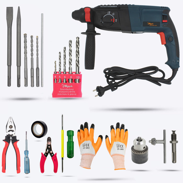 Hillgrove HGCM121M1 26mm Hammer Impact Drill Machine Forward/Reverse Rotation with Drill Chunk(13mm),SDS Adapter,5 Pcs Hand Tools and HSS Drill Bits for Making Holes in Metal/Wood/Concrete Hammer Drill (26 mm Chuck Size, 1200 W)
