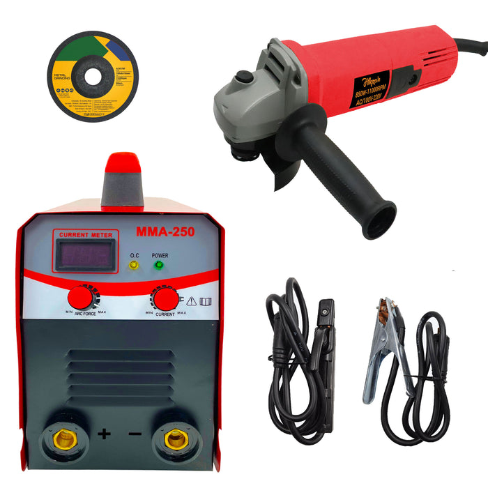Hillgrove HGCM1220M3 250Amp Arc Force Control, AC, Anti Stick, Hot Start Function With 100MM Wheel Diameter Angle Grinder Digital Display IGBT Based VRD Technology MMA Inverter Welding Kit Machine