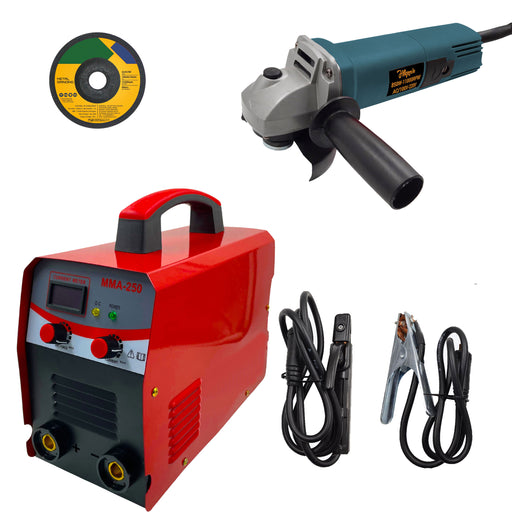 Hillgrove HGCM1221M3 250Amp Arc Force Control, AC, Anti Stick, Hot Start Function With 100MM Wheel Diameter Angle Grinder Digital Display IGBT Based VRD Technology MMA Inverter Welding Kit Machine