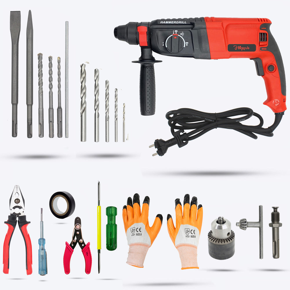 Hillgrove HGCM123M1 26mm Hammer Impact Drill Machine Forward/Reverse Rotation with Drill Chunk(13mm),SDS Adapter,5 Pcs Hand Tools and HSS Drill Bits for Making Holes in Metal/Wood/Concrete Hammer Drill (26 mm Chuck Size, 1200 W)
