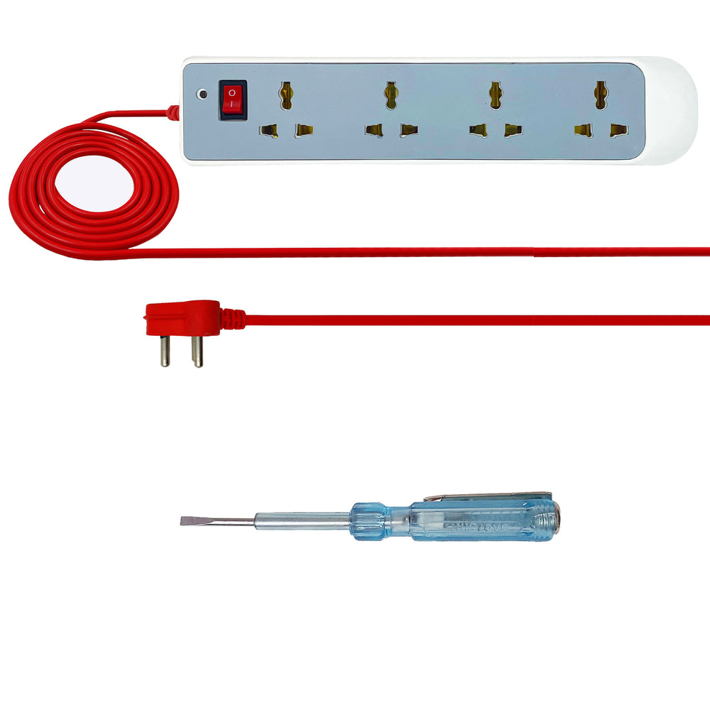 Hillgrove HGCM1306M3 Power Extension Board with 4 Universal Socket and 1 Switch with Analog Line Tester and 5 Meter Long Cable Surge Protector for Home/Computer/Fridge 4 Socket Extension Boards (White)