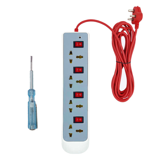 Hillgrove HGCM1309M1 Power Extension Board with 4 Universal Socket and 4 Switch with Analog Line Tester and 5 Meter Long Cable Surge Protector for Home/Computer/Fridge 4 Socket Extension Boards (White)