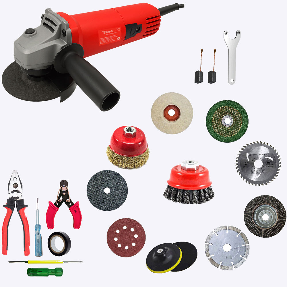 Hillgrove HGCM1357M1 4inch 850W 100% Copper Winding Hand Angle Grinder Wall Cutter Grinding Glender Cutting Machine with 10Pcs Wheels & 5Pcs Tool Kit