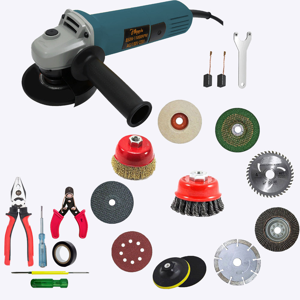 Hillgrove HGCM1360M1 4inch 850W 100% Copper Winding Hand Angle Grinder Wall Cutter Grinding Glender Cutting Machine with 10Pcs Wheels & 5Pcs Tool Kit