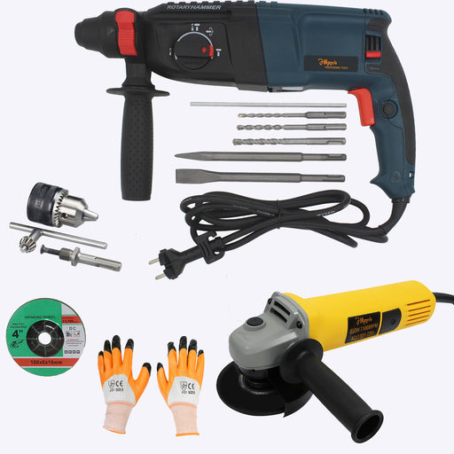 Hillgrove HGCM1364M1 1200W 100% Copper Winding 26mm Rotary Hammer Impact Gun Chipping Hammering Drilling Breaker Drill Machine Kit Set with Angle Grinder