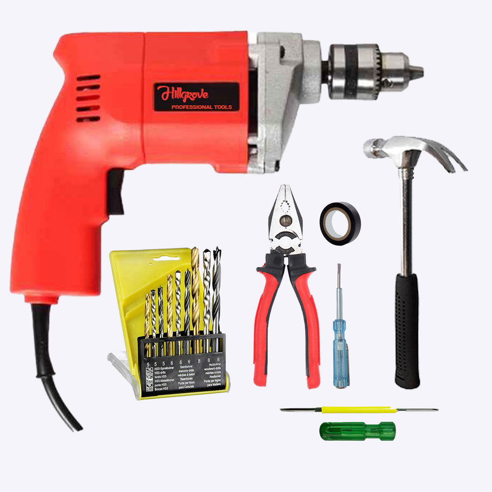 Hillgrove HGCM1368M1 500W 100% Copper Winding 10mm Drill Gun Drilling Machine Kit with 5Pcs Tool Set