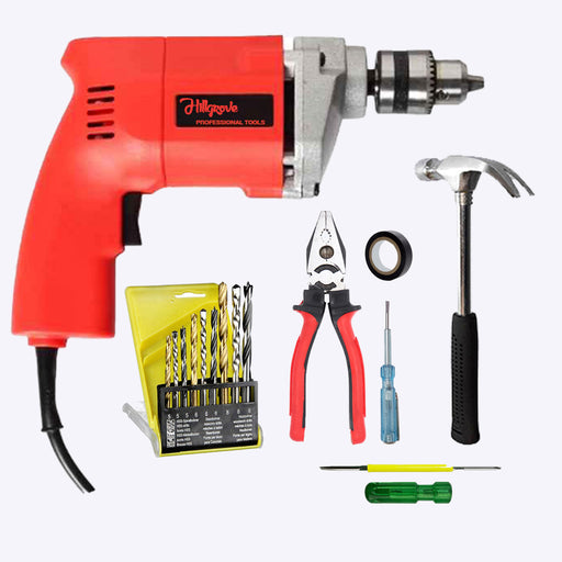 Hillgrove HGCM1368M1 500W 100% Copper Winding 10mm Drill Gun Drilling Machine Kit with 5Pcs Tool Set