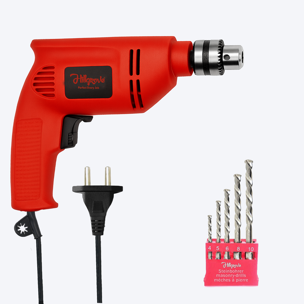 Hillgrove HGCM1371M1 600W 10mm 100% Copper Winding Electric Mini Screw Drilling Wall Hole Small Power Drill Machine Kit Set for Home Use with Reverse Forward Function
