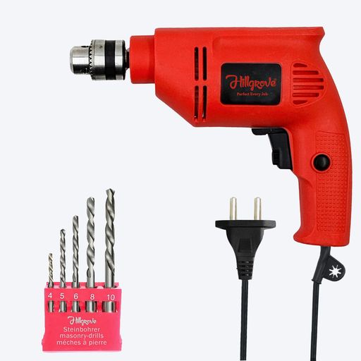 Hillgrove HGCM1372M1 600W 10mm 100% Copper Winding Electric Mini Screw Drilling Wall Hole Small Power Drill Machine Kit Set for Home Use with Reverse Forward Function