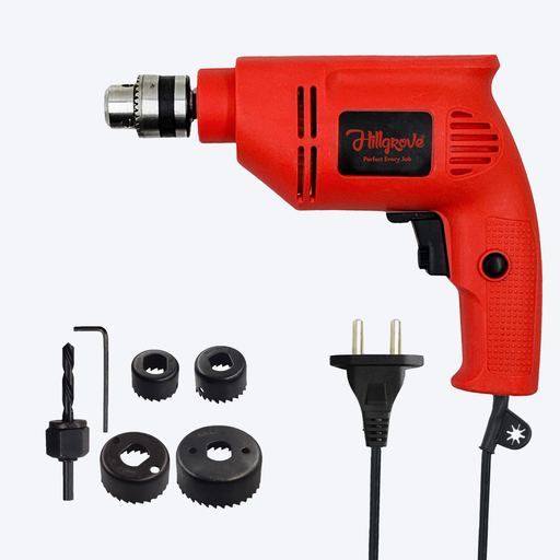Hillgrove HGCM1374M1 600W 10mm 100% Copper Winding Electric Mini Screw Drilling Wall Hole Small Power Drill Machine Kit Set for Home Use with Reverse Forward Function