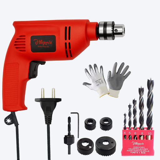 Hillgrove HGCM1375M1 600W 10mm 100% Copper Winding Electric Mini Screw Drilling Wall Hole Small Power Drill Machine Kit Set for Home Use with Reverse Forward Function