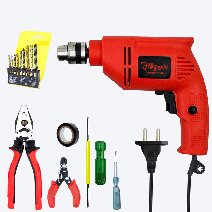 Hillgrove HGCM1376M1 600W 10mm 100% Copper Winding Electric Mini Screw Drilling Wall Hole Small Power Drill Machine Kit Set for Home Use with Reverse Forward Function