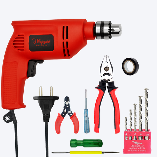 Hillgrove HGCM1377M1 600W 10mm 100% Copper Winding Electric Mini Screw Drilling Wall Hole Small Power Drill Machine Kit Set for Home Use with Reverse Forward Function