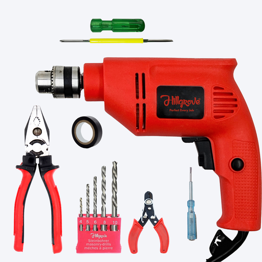 Hillgrove HGCM1378M1 600W 10mm 100% Copper Winding Electric Mini Screw Drilling Wall Hole Small Power Drill Machine Kit Set for Home Use with Reverse Forward Function