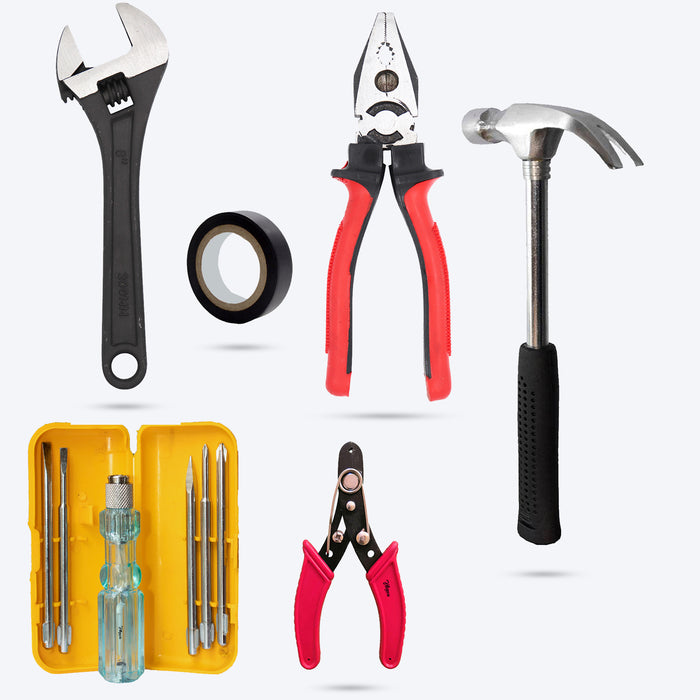 Hillgrove HGCM142M1 Combo of 6Pcs - Plier, Adjustable Wrench, 5in1 Screwdriver Set, Claw Hammer,Wire Cutter, Electrical Tape Hand Tools Kit