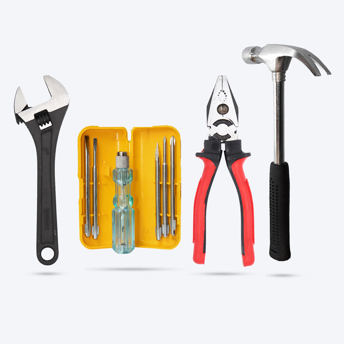 Hillgrove HGCM145M1 Combo of 4Pcs- Plier, Adjustable Wrench, 5in1 Screwdriver Set, Claw Hammer Hand Tools Kit