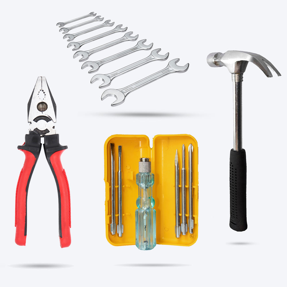 Hillgrove HGCM168M2 Universal Multi-Function 8Pcs Double Open Ended Wrench Set Spanner Hand Tool with 8inch Plier, 5in1 Screwdriver Set, Claw Hammer