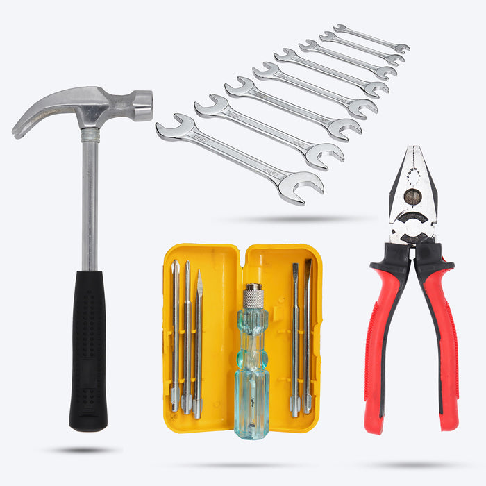 Hillgrove HGCM195M1 High Quality Durable Construction Metalworking Household Rubber Handle Straight Best Claw Hammer with 5in1 Combination Screwdriver and Double Open End Wrench Set