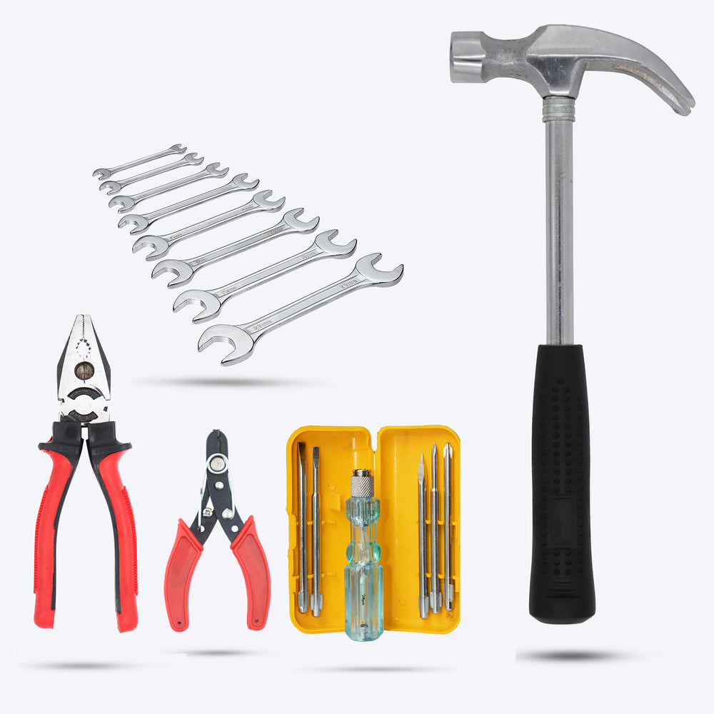 Hillgrove HGCM197M2 High Quality Durable Construction Metalworking Household Rubber Handle Straight Best Claw Hammer with 5in1 Combination Screwdriver, Wire Cutter  and Double Open End Wrench Set