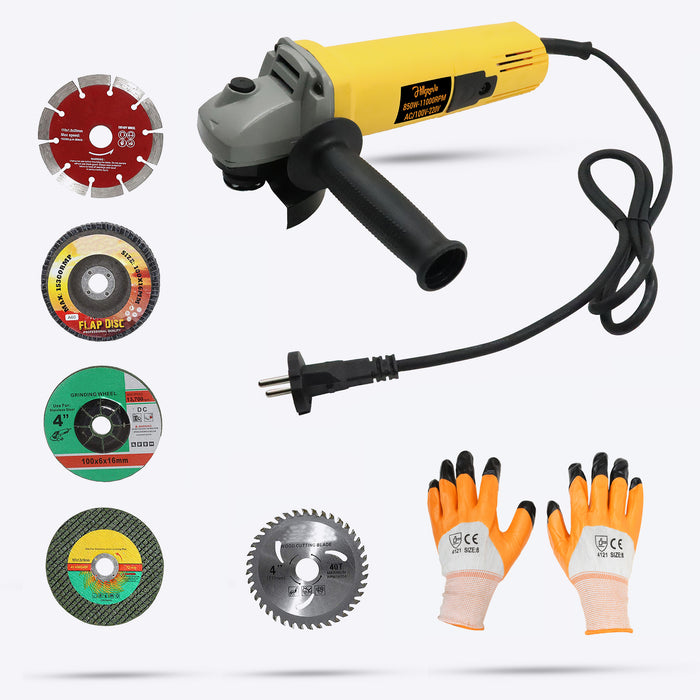 Hillgrove HGCM19M1 Angle Grinder With Gloves And 5Pcs(1Pcs Each) Metal Cutting Wheel, Grinding Wheel, Tile Cutting Wheel, Wood Cutting Wheel, Flap Disk Wheel(100 mm Wheel Diameter)
