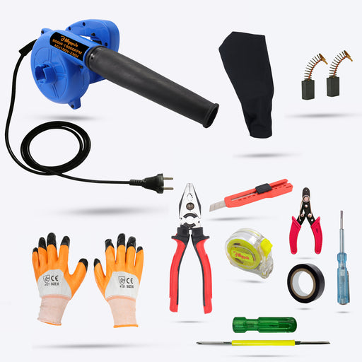 Hillgrove HGCM22M1 800W-18000RPM Electric Air Blower and Suction Dust Cleaner for AC/Computer/Home with 7Pcs Hand Tool Kit, Carbon Brushes and Gloves Gun Dust Cleaning Forward Curved Air Blower (Corded Vacuum)