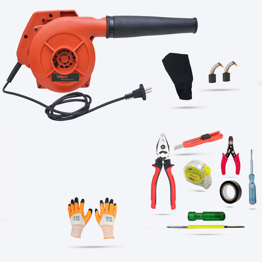 Hillgrove HGCM256M1 800W-18000RPM Electric Air Blower and Suction Dust Cleaner for AC/Computer/Home with 7Pcs Hand Tool Kit, Carbon Brushes and Gloves Gun Dust Cleaning Forward Curved Air Blower (Corded Vacuum)